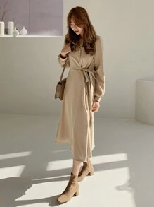 纯色结饰侧衬衫裙，秋装 - 卡其色 - 查看 3