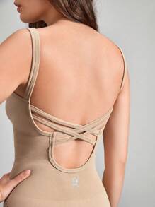 In My Nature Solid Criss Cross Back Tank Bodysuit - Khaki - View 6