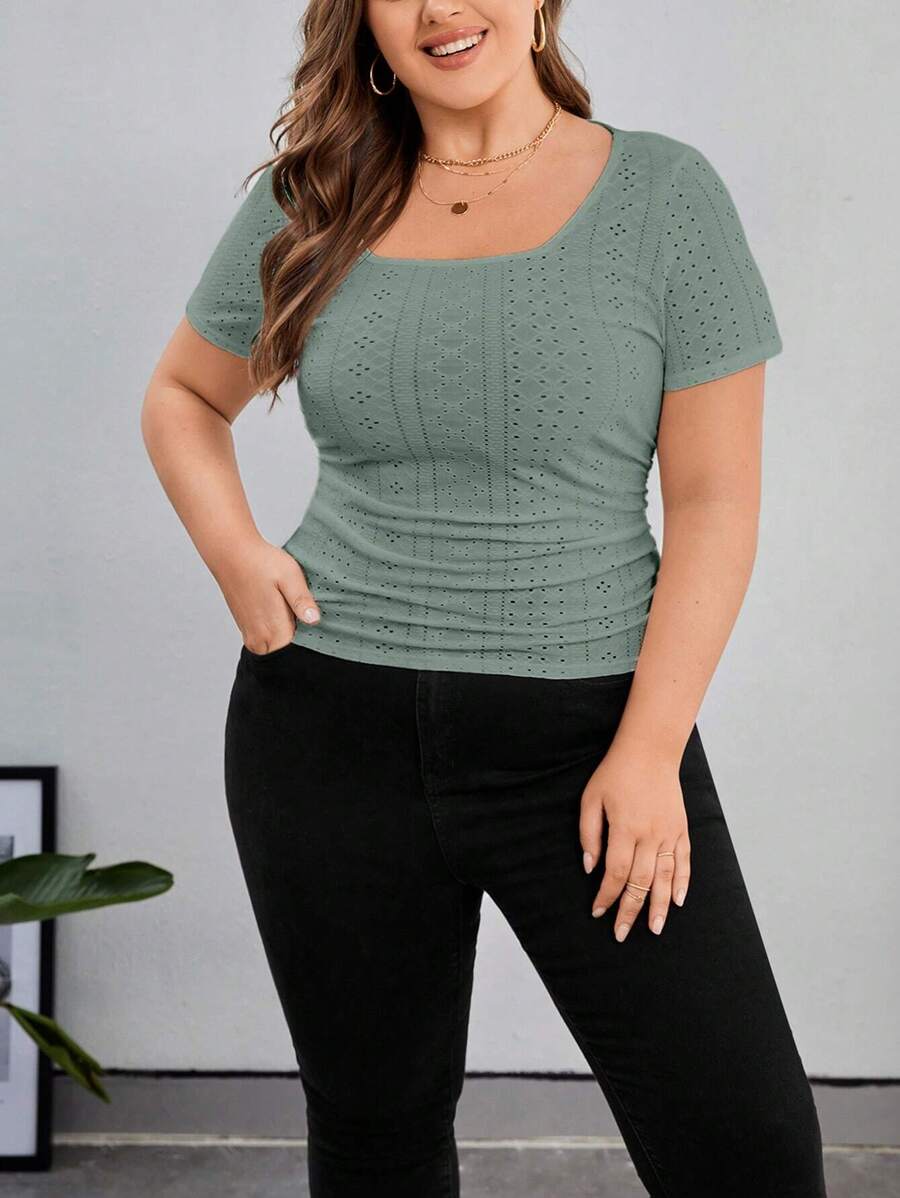 SHEIN Essnce Plus Eyelet Embroidery Scoop Neck Tee - Mint Green - View 1