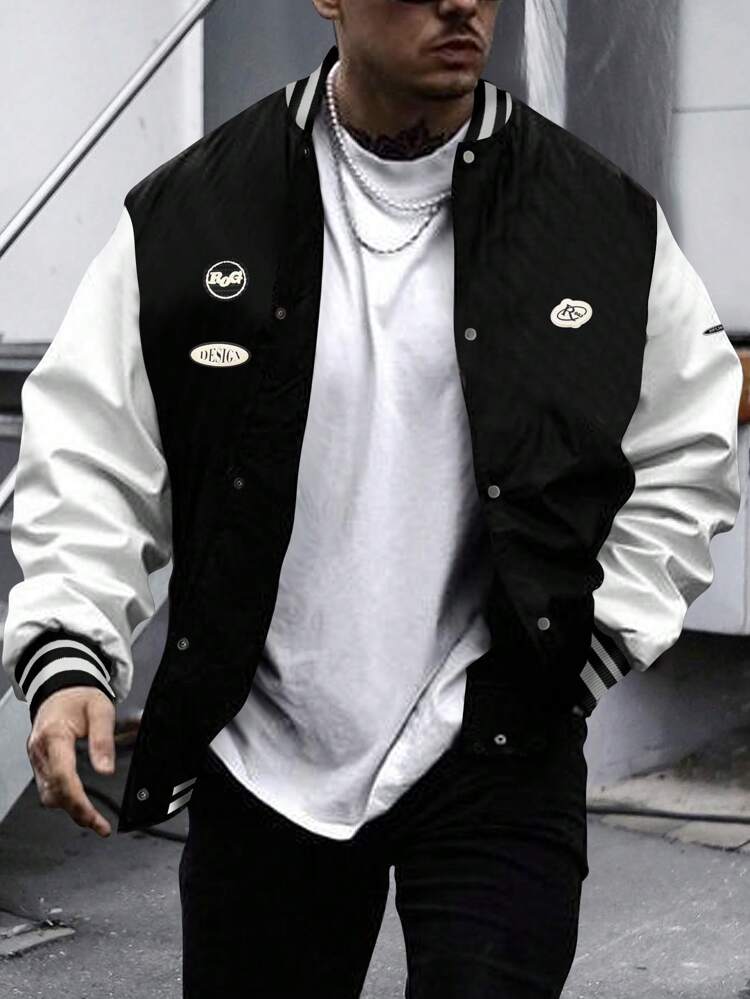Men Letter Patched Striped Trim Colorblock Varsity Jacket