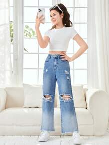 SHEIN 青少年女孩破洞毛邊牛仔喇叭褲 - 中等水洗藍 - 查看 4