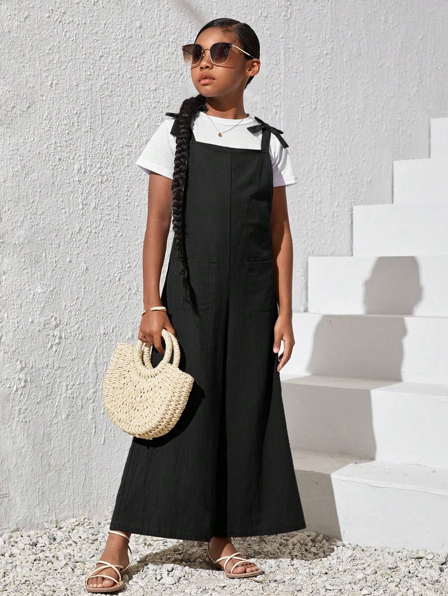 SHEIN 女大童1入組雙口袋肩上打結闊腿背帶褲 - 黑色 - 查看 1