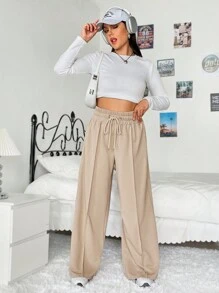 SHEIN EZwear Plus Drawstring Waist Wide Leg Sweatpants Graduation,Back To School Outfits,Graduation,Teacher Outfits For Women,Back To School - Khaki - View 3