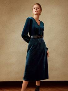 MOTF PREMIUM Cổ v Phù hợp thường Đầm - Màu xanh ngọc - Xem 6