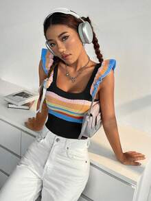 SHEIN Qutie 條紋圖案荷葉邊針織上衣 - 彩色 - 查看 4