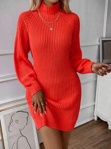 EMERY ROSE Turtleneck Raglan Sleeve Sweater Dress Without Belt Fall Winter Cloth For Women - Orange - View 5