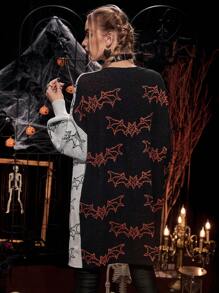 PUNK Áo khoác cardigan trễ vai họa tiết dơi hai tông màu Halloween không kèm thắt lưng - Nhiều màu - Xem 2