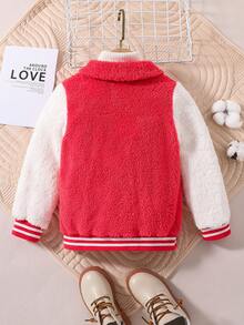 SHEIN Young Girl Letter Patched Striped Trim Teddy Jacket Without Sweater - Multicolor - View 2