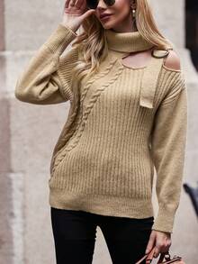 SHEIN LUNE Cut Out Buckle Detail Turtleneck Drop Shoulder Sweater Knit Pullover Fall Winter Outfit - Camel - View 3