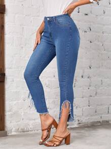 SHEIN LUNE Jeans ajustados ribete crudo - Azul - Ver 3