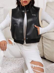 SHEIN EZwear Letter Patched Zip Up Vest Jacket - Black - View 4