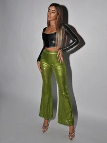 SHEIN ICON Halloween Flare Leg Pants - Lime Green - View 1