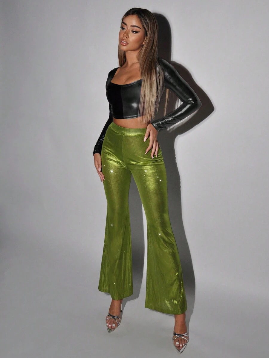 SHEIN ICON Halloween Flare Leg Pants - Lime Green - View 1
