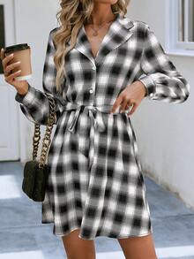 SHEIN Essnce 格紋印花腰帶襯衫洋裝 - 黑色 - 查看 3