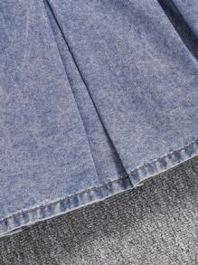 Teen Girl Patched Pocket Pleated Hem Denim Overall Dress Without Tee - Medium Wash - View 4