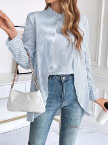 SHEIN Frenchy In sọc Nút phía trước Viền không đối xứng Áo sơ mi - Xanh và trắng - Xem 1