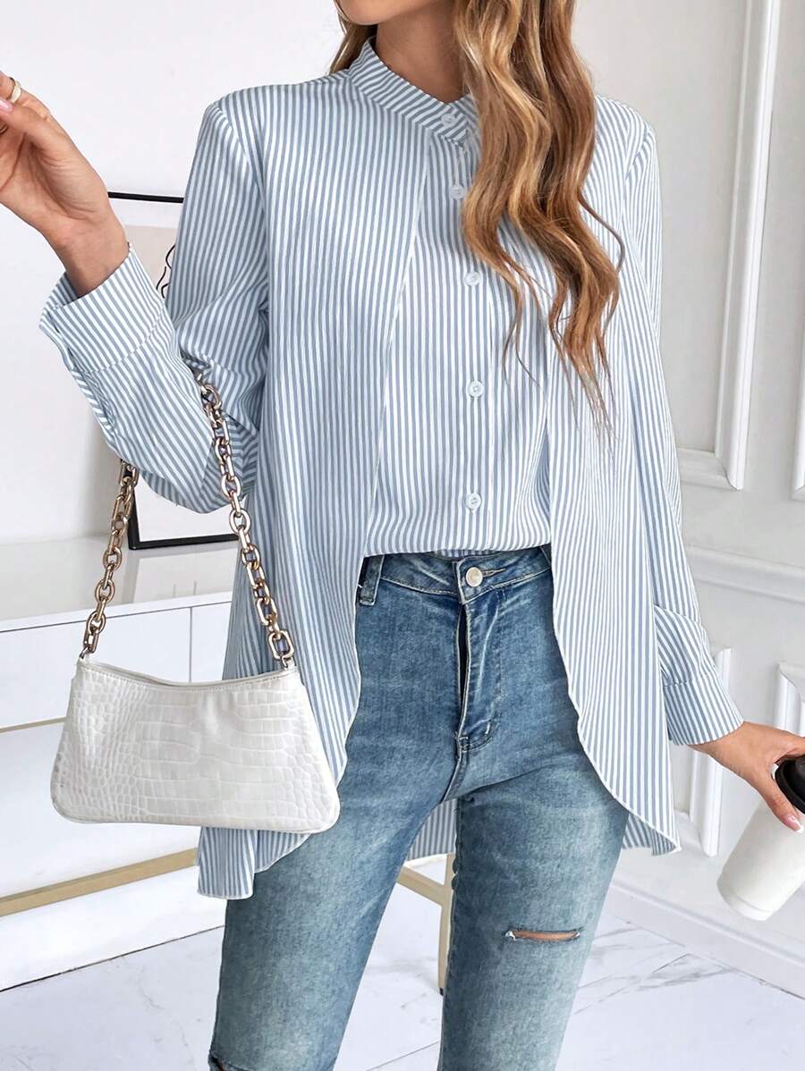 SHEIN Frenchy In sọc Nút phía trước Viền không đối xứng Áo sơ mi - Xanh và trắng - Xem 1