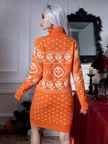 PUNK Halloween Skull Pattern Turtleneck Sweater Dress - Orange - View 2
