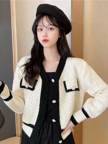 Áo Cardigan thường xuyên thả vai có viền tương phản, áo dài tay - Màu be - Xem 5