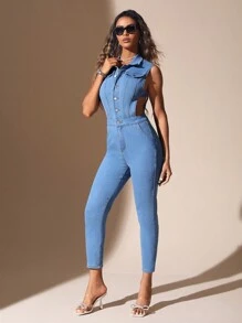 SHEIN BAE Cut Out Waist Denim Jumpsuit - Light Wash - View 4