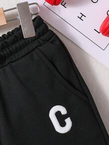 Tween Boy Letter Patched Drawstring Waist Straight Leg Pants - Black - View 4