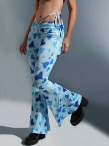 Flirla Pantalones acampanados con estampado de corazón con cordón lateral
