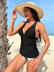 SHEIN Swim Summer Beach Tropical Print Ruched Halter Tankini - Black and White - View 5