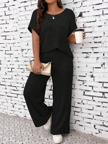 SHEIN LUNE Plus Batwing Sleeve Tee & Wide Leg Pants - Black - View 1