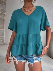 Breezaya Chất rắn Xù Hoa Sen Áo sơ mi - Màu xanh ngọc - Xem 5