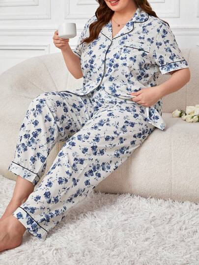 全身花卉印花撞色滚边上衣和裤子睡衣套装、睡衣套装