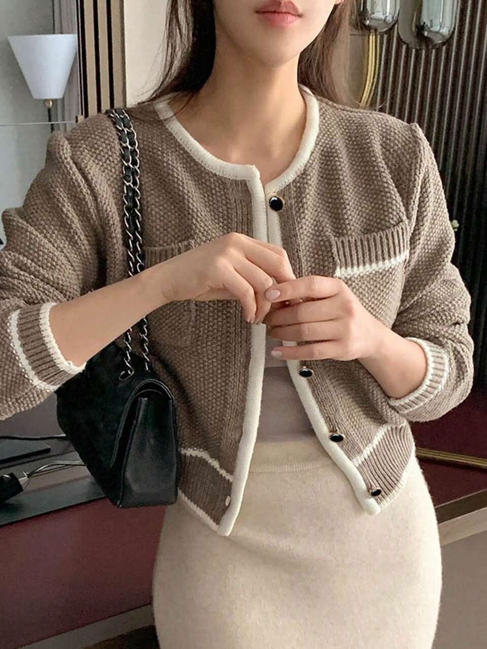 Women's Casual Color Block Trim Cardigan, Business Casual, Autumn/Winter,Long Sleeve Tops,Fall Women Clothes Jacket