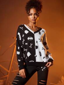 BATMAN X SHEIN Hai âm Mô hình Cartoon Thả vai Áo len - Đen và trắng - Xem 1