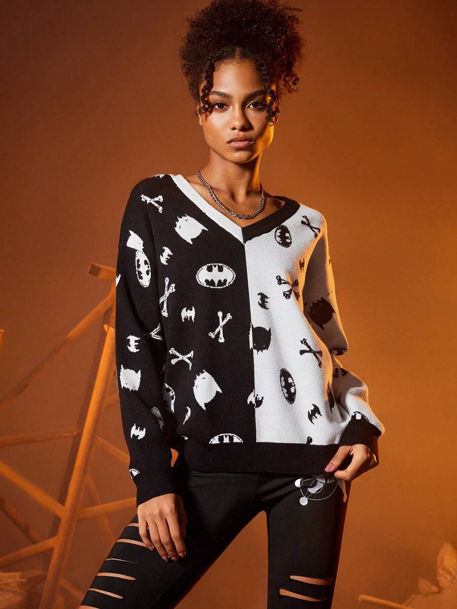 BATMAN X SHEIN Hai âm Mô hình Cartoon Thả vai Áo len - Đen và trắng - Xem 1