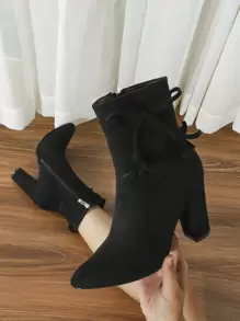 2024 春秋冬新款时尚尖头粗跟踝靴短靴韩版 - 黑色 - 查看 2