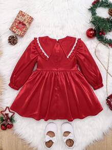 SHEIN Baby Girl Contrast Lace Trim Statement Collar Lantern Sleeve Dress - Red - View 2