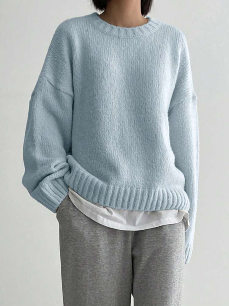 Solid Drop Shoulder Sweater Without Tee,Long Sleeve Tops,Fall Women Clothes