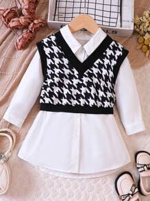 SHEIN 女小童千鳥格印花背心上衣&襯衫洋裝 - 黑與白 - 查看 1