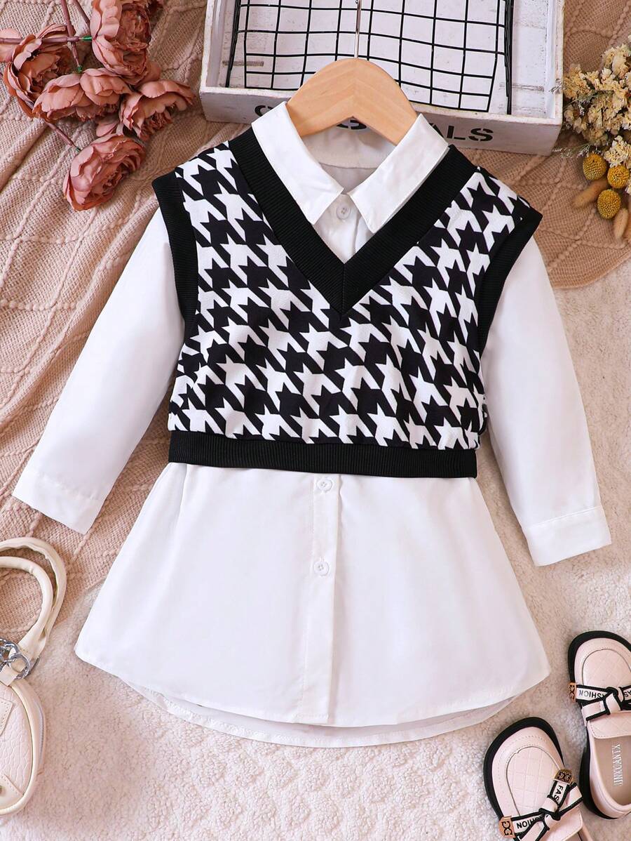 SHEIN 女小童千鳥格印花背心上衣&襯衫洋裝 - 黑與白 - 查看 1
