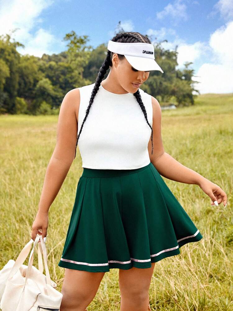 Plus Lightweight Sports Tank Top & Striped Print Sports Skirt,Women Tennis Outfit