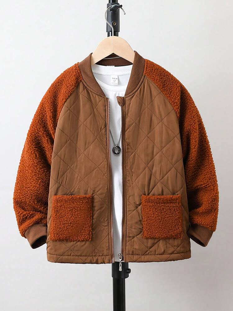Tween Boy 1pc Contrast Teddy Raglan Sleeve Baseball Collar Zipper Front Quilted Coat