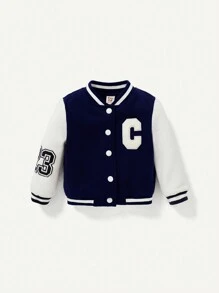 Cozy Pixies Em bé Thư được vá Sọc trang trí Khối màu Áo khoác Đại học - Màu xanh hải quân - Xem 5