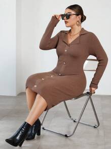 SHEIN Privé Plus Button Front Bodycon Sweater Dress - Camel - View 1
