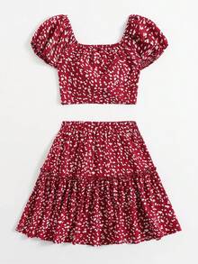 SHEIN VCAY Hơn In Toàn bộ Nút phía trước Top Cây trồng & Xù Hoa Sen Váy - Đỏ và trắng - Xem 2