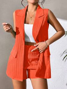 SHEIN Essnce Solid Lapel Neck Vest Blazer & Shorts