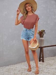 SHEIN LUNE 素色蝙蝠袖T恤 - 紅木色 - 查看 4