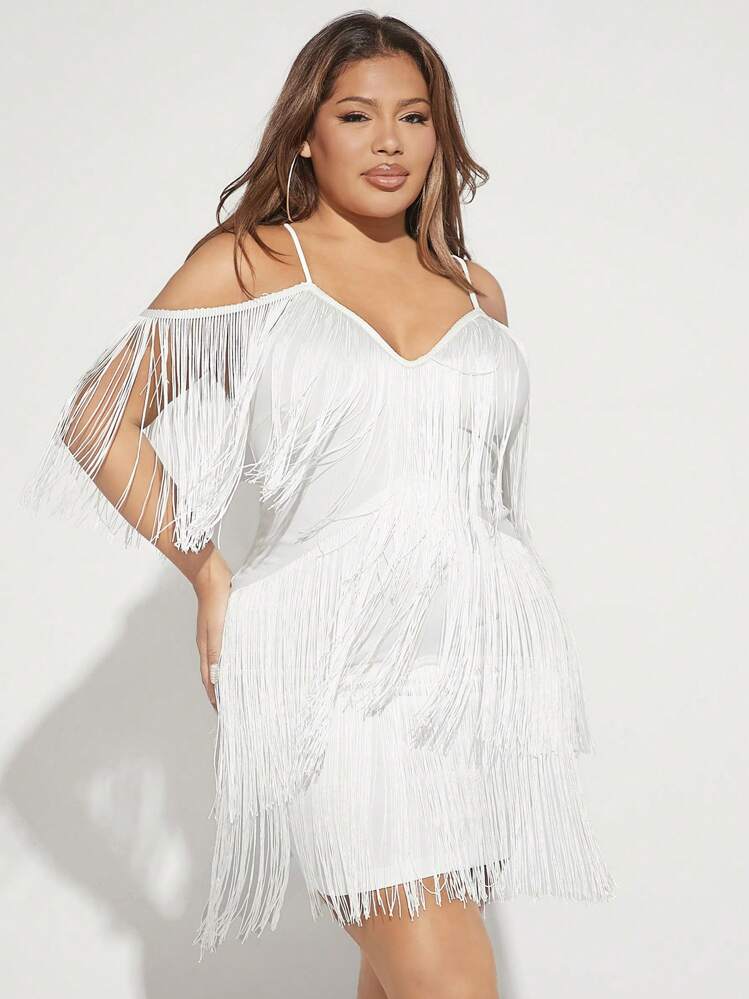 SHEIN SXY Plus Cold Shoulder Fringe Trim Bodycon Dress | SHEIN USA