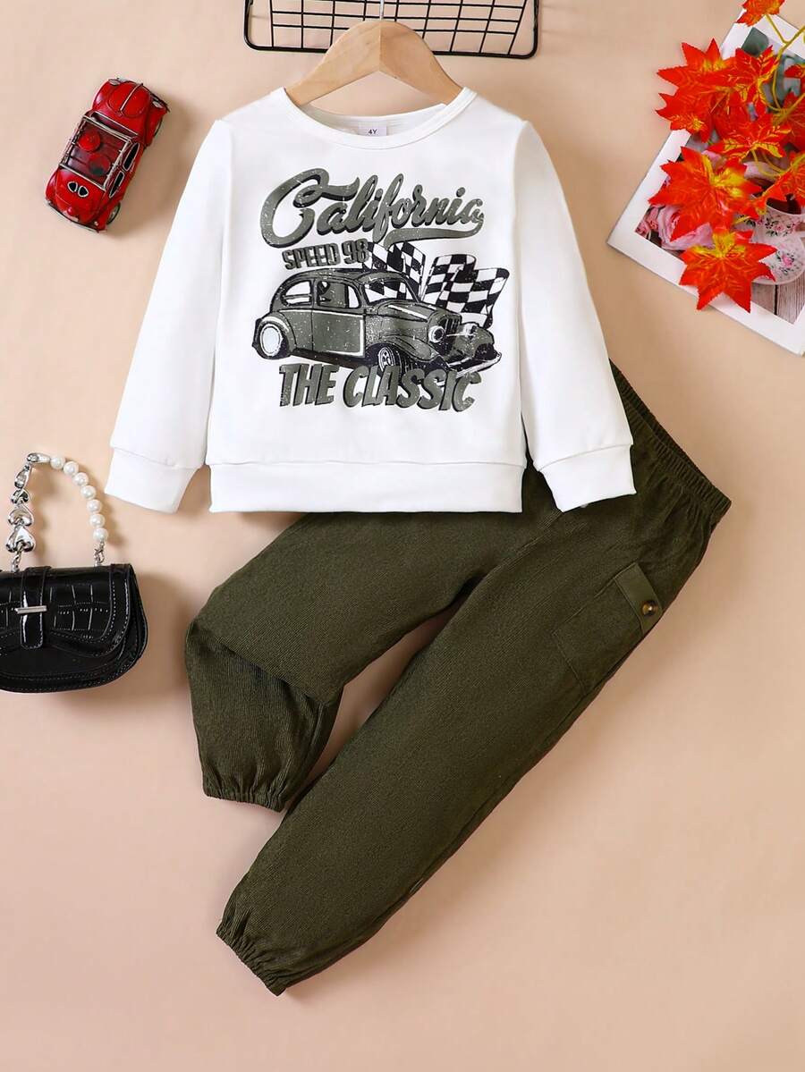 SHEIN 女小童汽車和字母圖案衛衣和褲子 - 綠色 - 查看 1