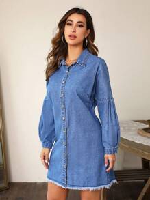 SHEIN LUNE Drop Shoulder Raw Cut Denim Dress - Light Wash - View 4