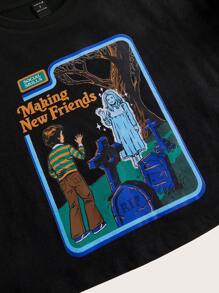 Stevenrhodes 图案短款 T 恤，学校 - 黑色 - 查看 2