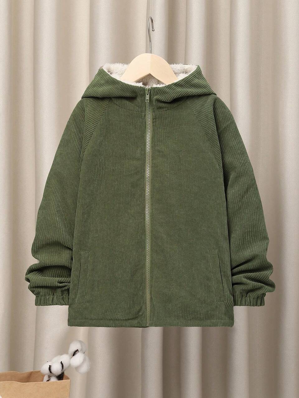 Tween Boy 1pc Letter Embroidery Raglan Sleeve Hooded Thermal Lined Coat